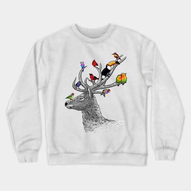 Deer with tropical birds Crewneck Sweatshirt by albertocubatas